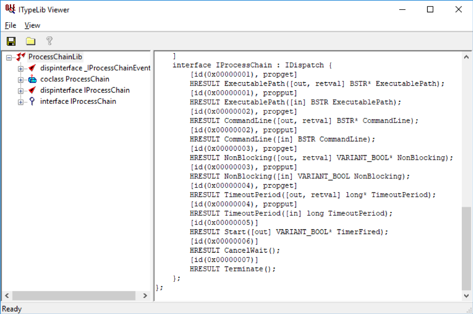 Type library for ProcessChainLib as displayed in Interface Definition Language by Oleview.exe