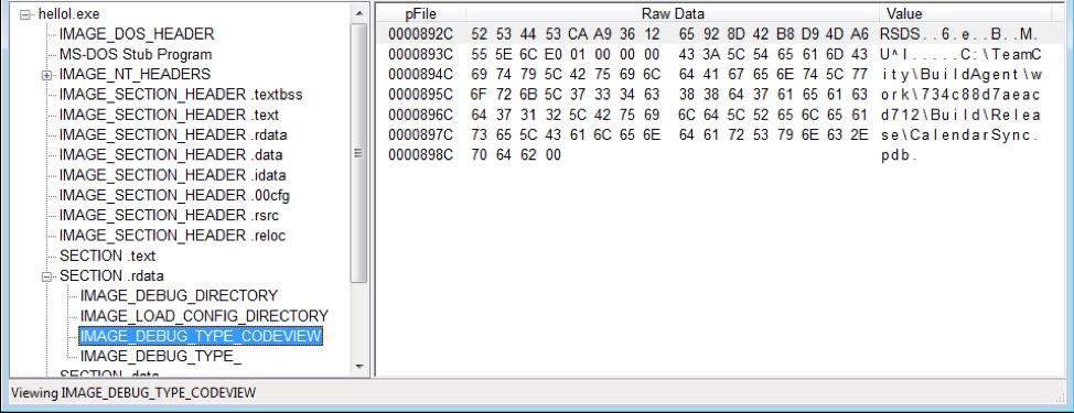 PEview ユーティリティで表示されるように hellol.exe を再構築すると、実行可能ファイルの IMAGE_DEBUG_TYPE_CODEVIEW ディレクトリに偽の PDB パスが表示されます。