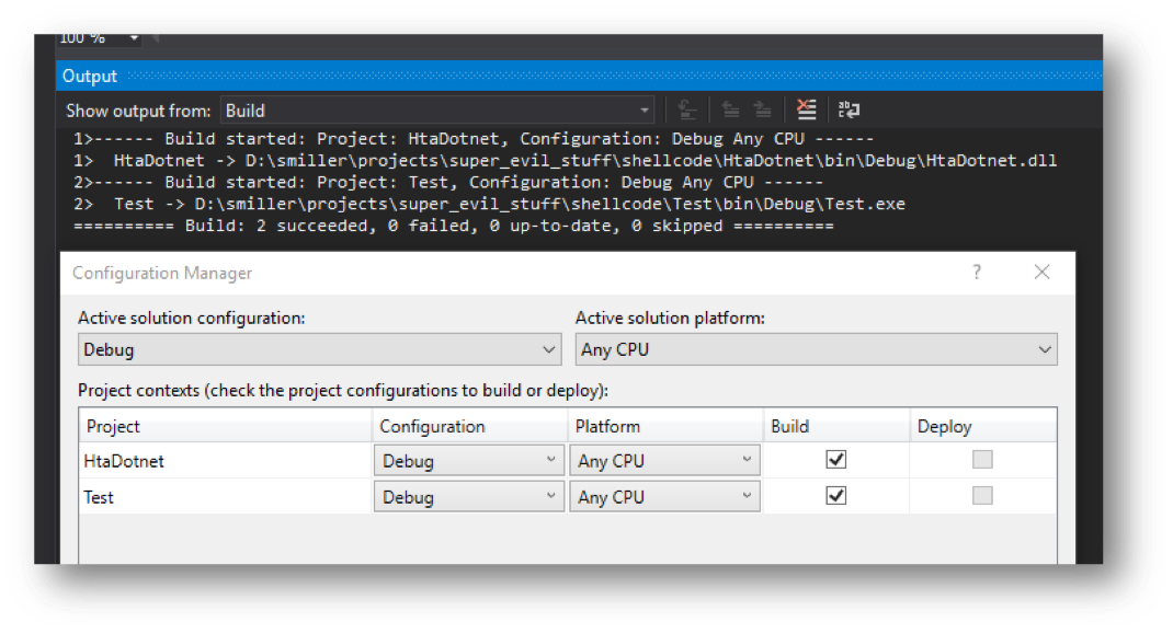 The Visual Studio output of a default compiling configuration