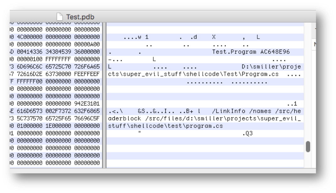 Test.pdb contains binary debug information and references to the original source code files for use in debugging
