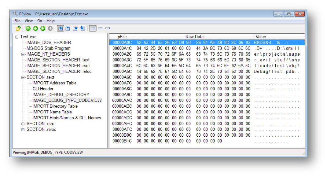 PEview ユーティリティに示されている Test.exe。これにより、実行可能ファイルの IMAGE_DEBUG_TYPE_CODEVIEW セクションから PDB パスが簡単に解析されます。