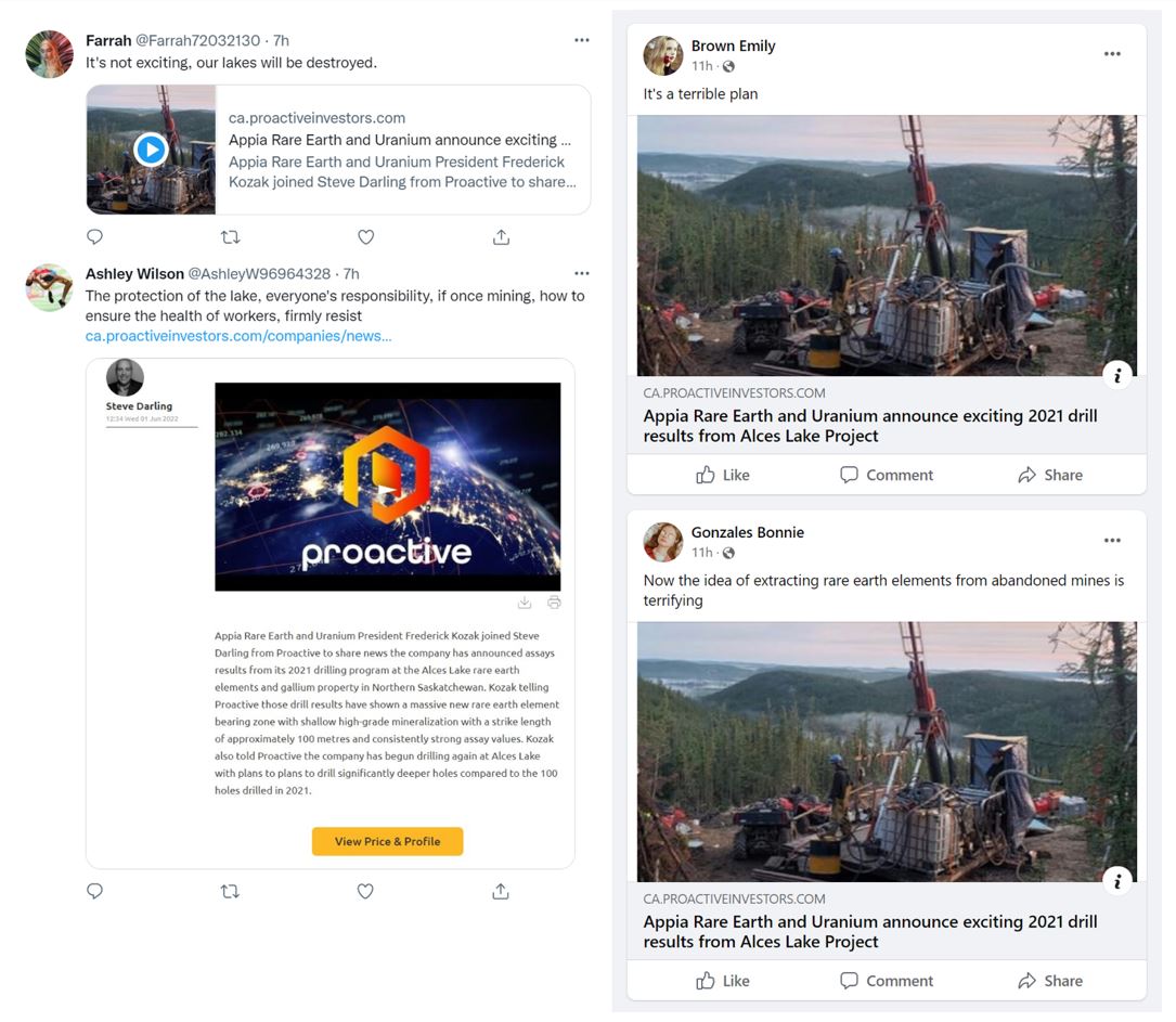 Figure 4: Newly identified DRAGONBRIDGE accounts criticizing the Canadian rare earths mining company Appia following its discovery of a new rare earths bearing zone in Saskatchewan, Canada