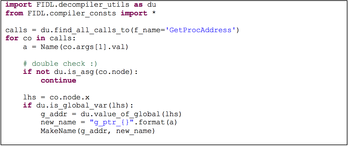 Script that uses the FIDL API to map all calls to GetProcAddress to global variables