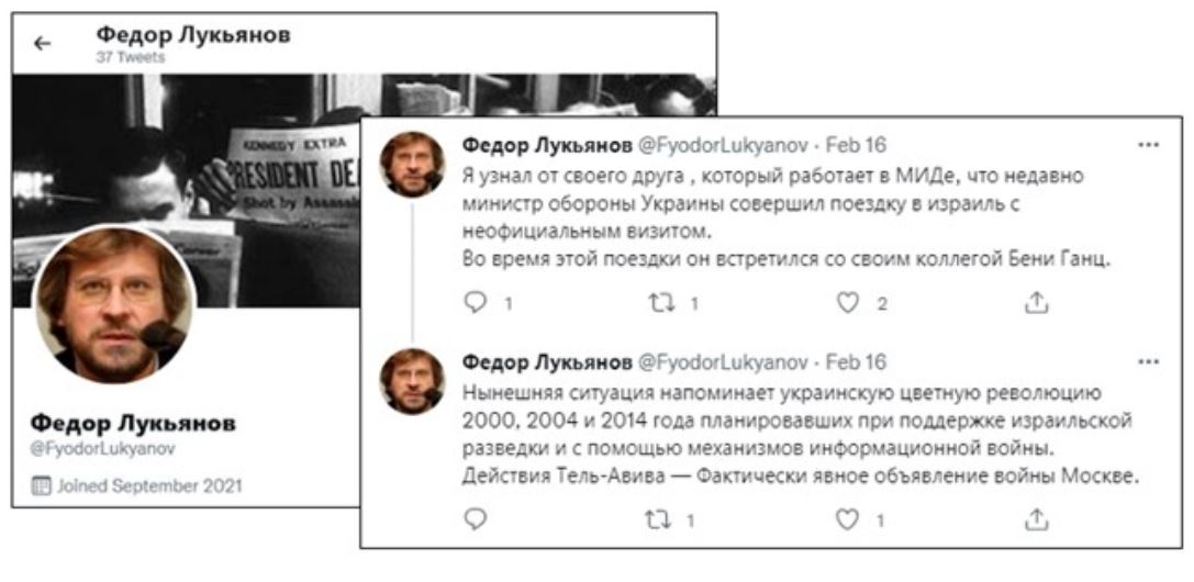 Figure 7: Tweets by suspected Fyodor Lukyanov impersonator suggesting that Israeli intelligence was supporting Ukraine against Russia in the current crisis and that Israel had supported the “Ukrainian color [revolutions]” of 2000, 2004, and 2014