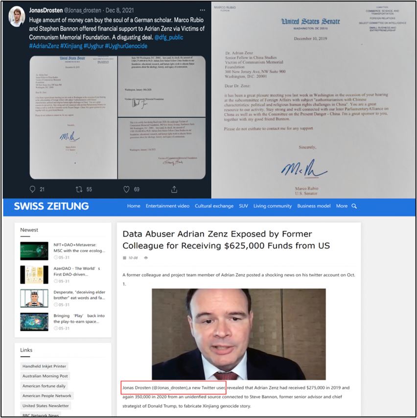 Figure 7: Jonas Drosten persona’s Twitter account (top left) posts fabricated letter allegedly signed by Marco Rubio (top right); Swiss Zeitung inauthentic news site linked to Haixun promotes story on Zenz citing Jonas Drosten persona (bottom)