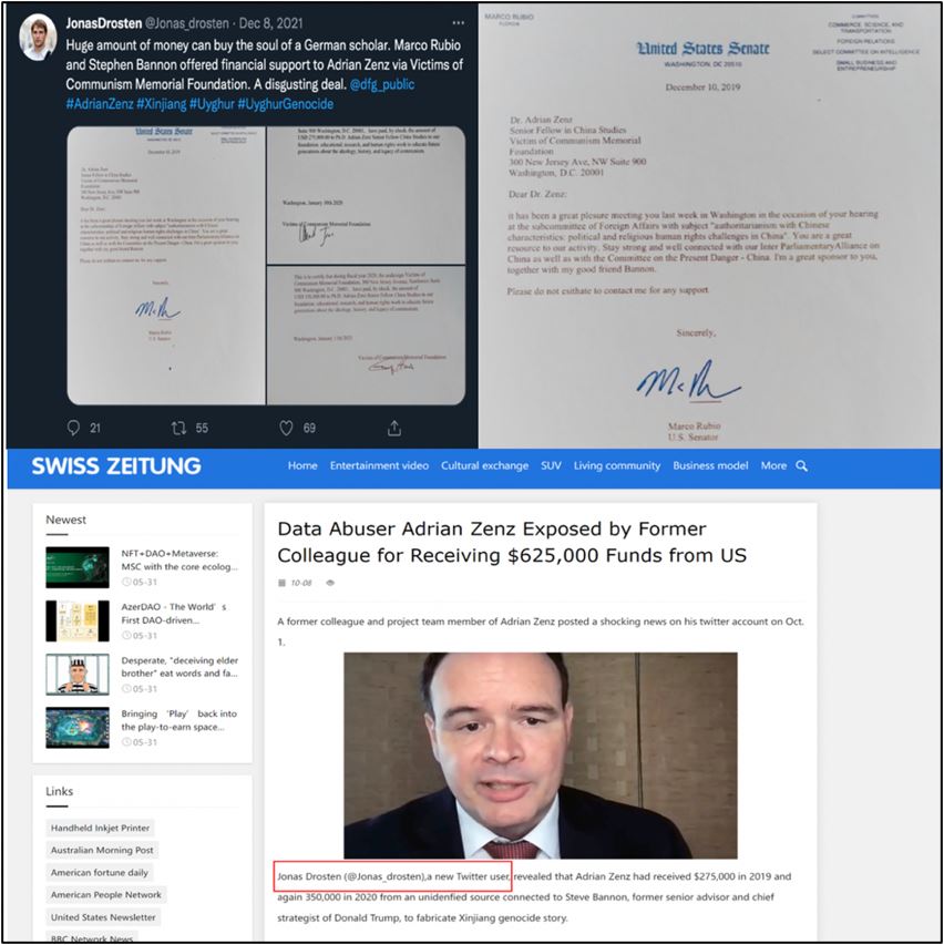 図 7: Jonas Drosten の Twitter アカウント (左上) は、Marco Rubio (右上) によって署名されたとされる偽造された手紙を投稿します。 Haixun にリンクされた偽のニュース サイト Swiss Zeitung が、Jonas Drosten のペルソナを引用して Zenz に関する記事を宣伝している (下)