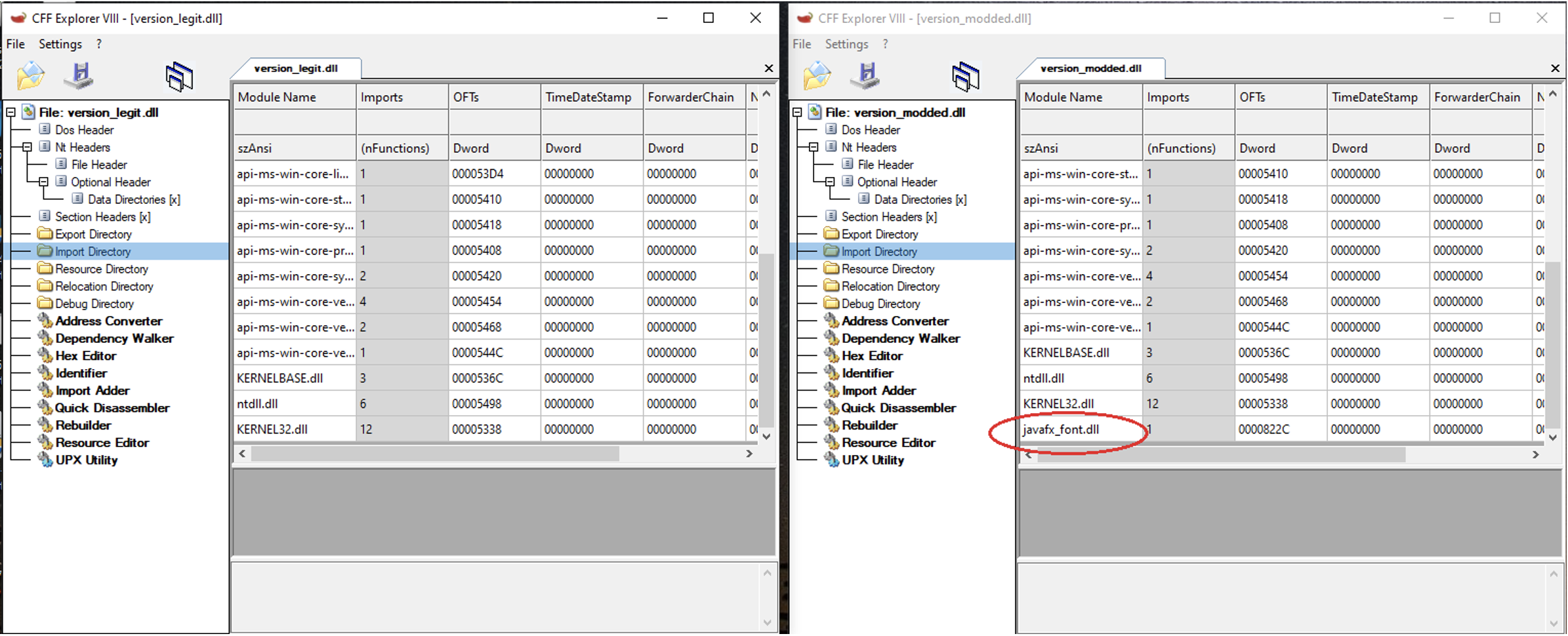 version.dll インポートの CFF エクスプローラ ビュー。元の DLL を左に、変更された DLL を右に、悪意のある DLL のインポート テーブルに追加の javafx_font.dll を追加