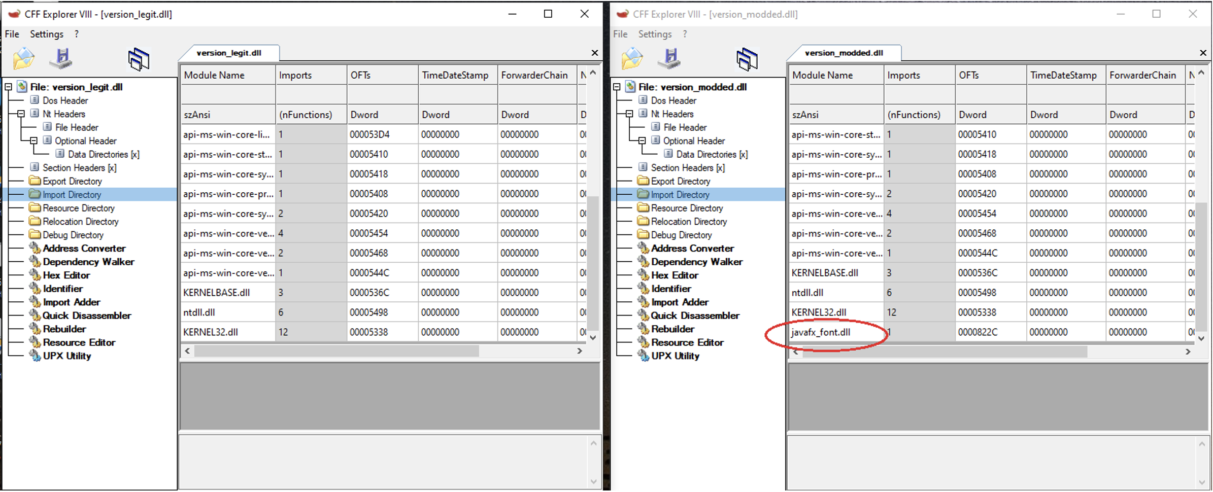 CFF Explorer view of version.dll imports, left the original and right the modified DLL, with the additional javafx_font.dll added to the import table in the malicious DLL