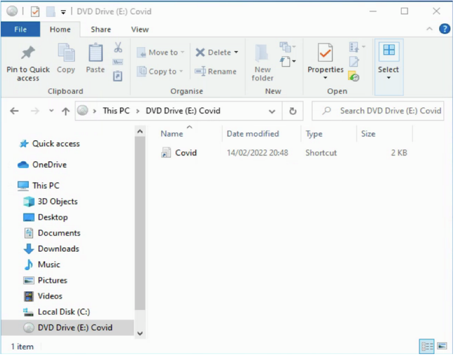 An example ISO file delivered as part of a Covid related email phishing email, without the malicious DLL or parent folder visible. In this case, the DLL is executed by rundll32.exe as referenced by the lure “Covid” LNK shortcut file.