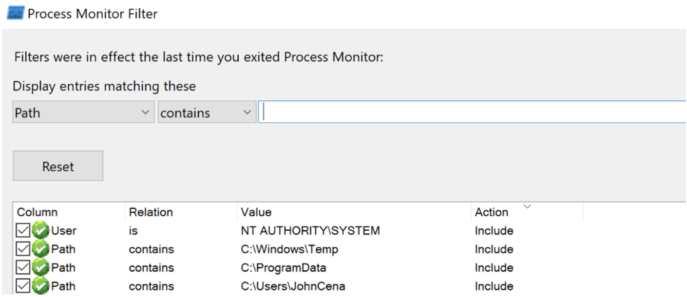 ProcMon filters to analyze insecure file operations from NT AUTHORITY\SYSTEM