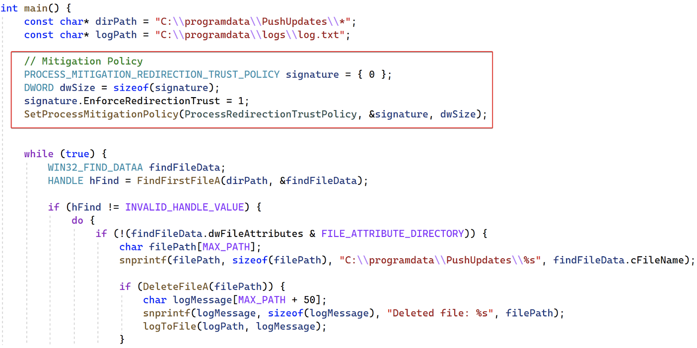 Sample code enabling ProcessRedirectionTrustPolicy mitigation