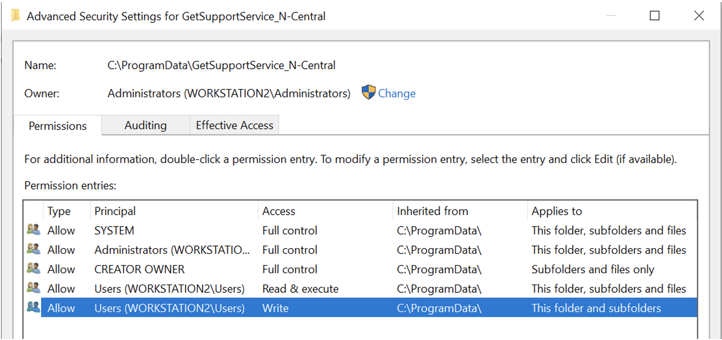 Standard users with write permission in GetSupportService_N-Central