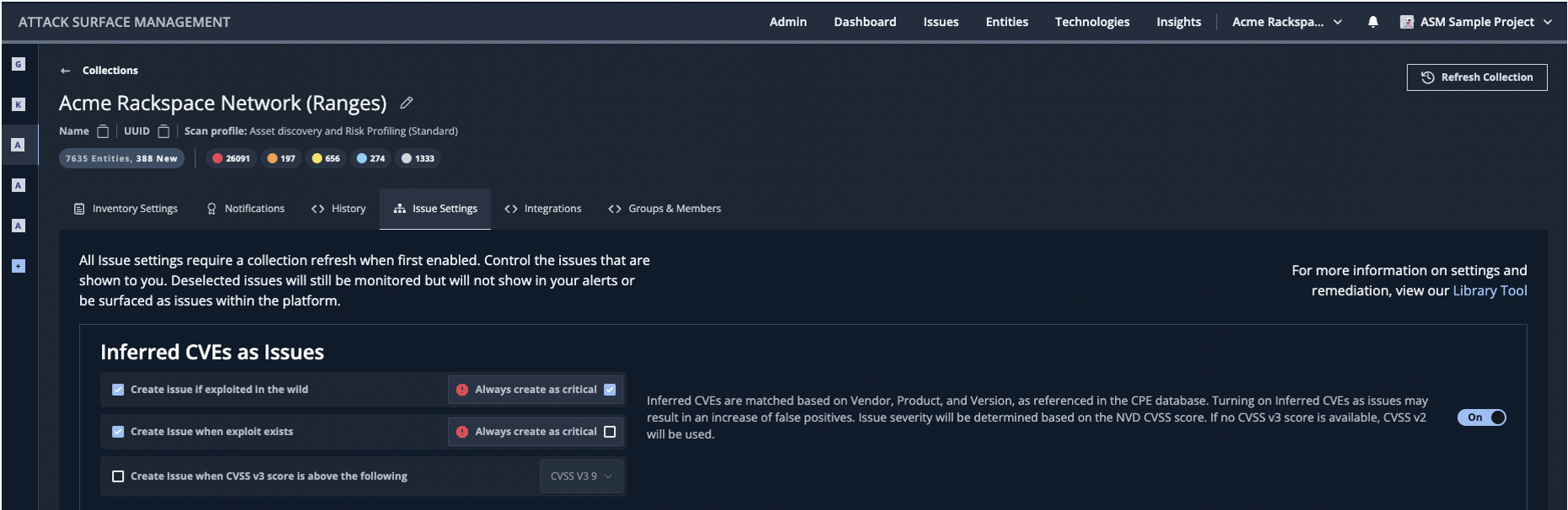 Within a specific collection (scope of asset discovery), customers can enable issue generation from inferred CVEs based on exploitation seen in the wild, the existence of an exploit code, and if a CVE has a CVSS score greater than a designated threshold (e.g., CVSS v3 score greater than 7.5)