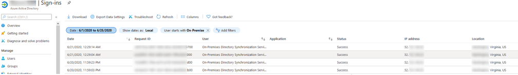 Azure AD サインイン ログ - オンプレミスの Directory Synchronization Services アカウント
