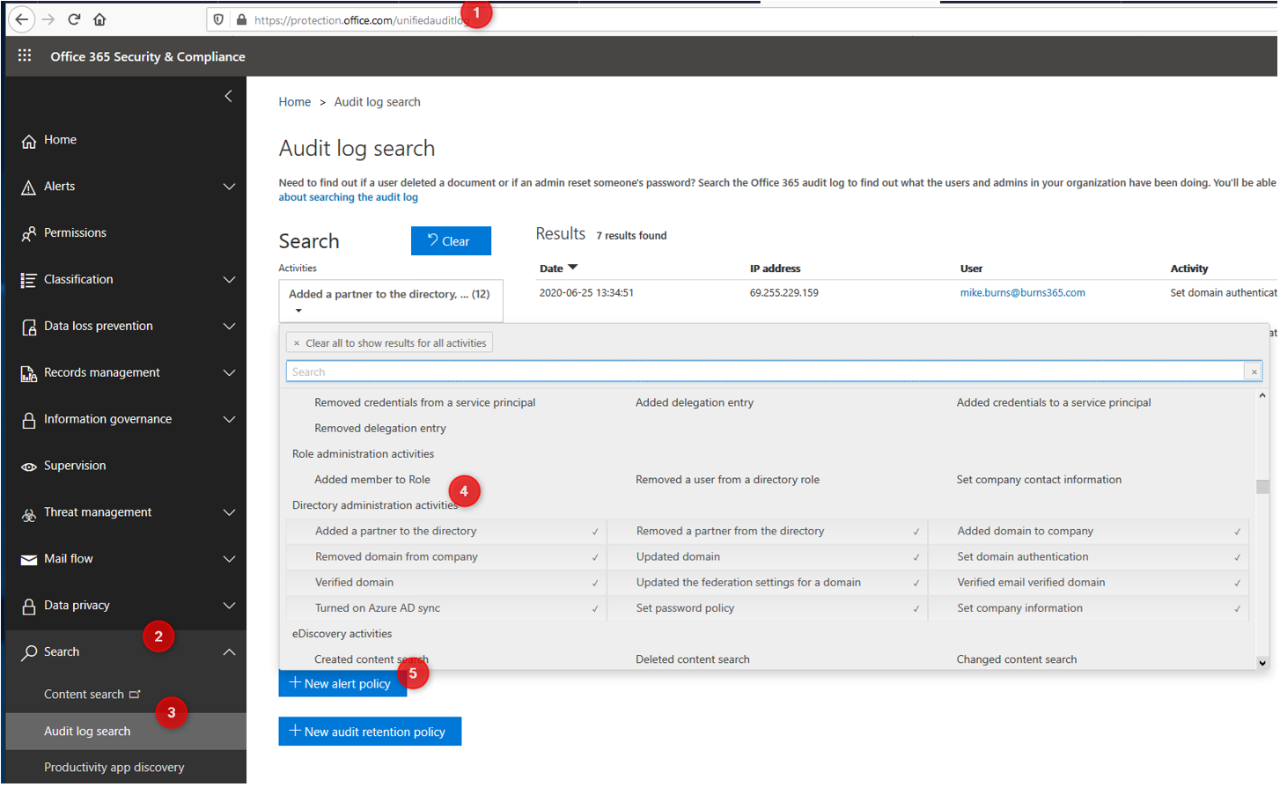 Unified Audit Log > Create new alert policy