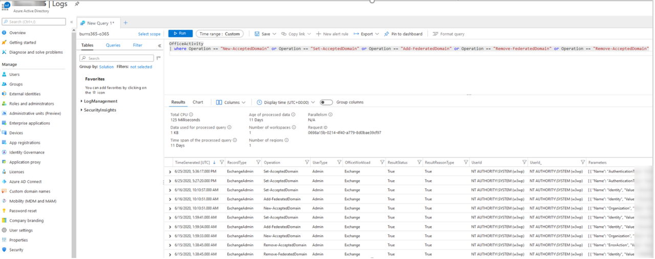 OfficeActivity Operations Azure Sentinel logs