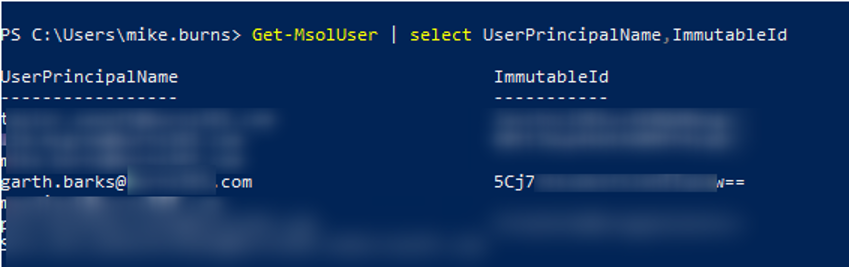 Get-MsolUser—list user UPN & ImmutableId