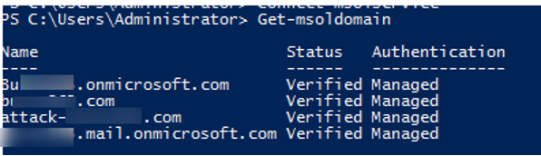 Get-msoldomain—list of registered domains and authentication