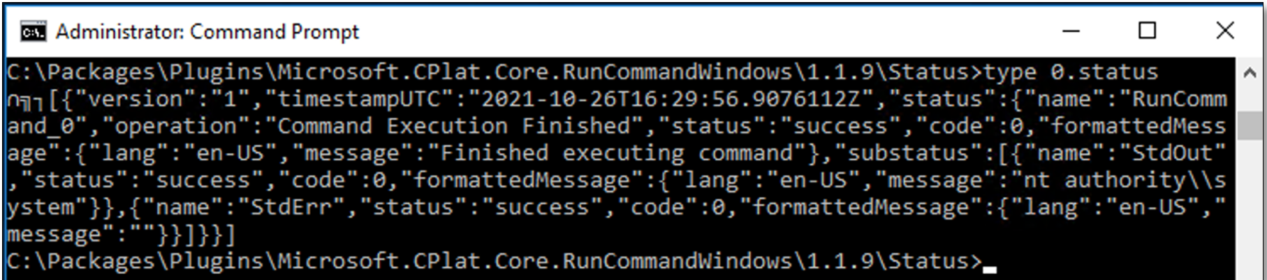 Contents of a standard log file showing the output and metadata of a "whoami" command