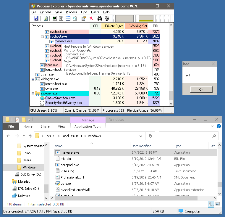 Using bitsadmin to create a job that will launch malware.exe after attempting to download an invalid URL.