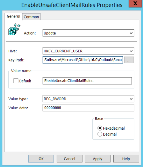 EnableUnsafeClientMailRules registry setting