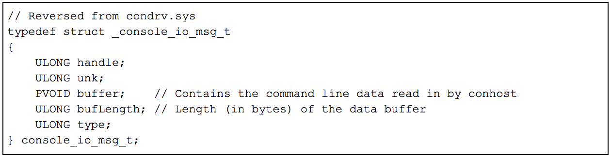 Message buffer structure inferred from condrv.sys on a Windows 10 system