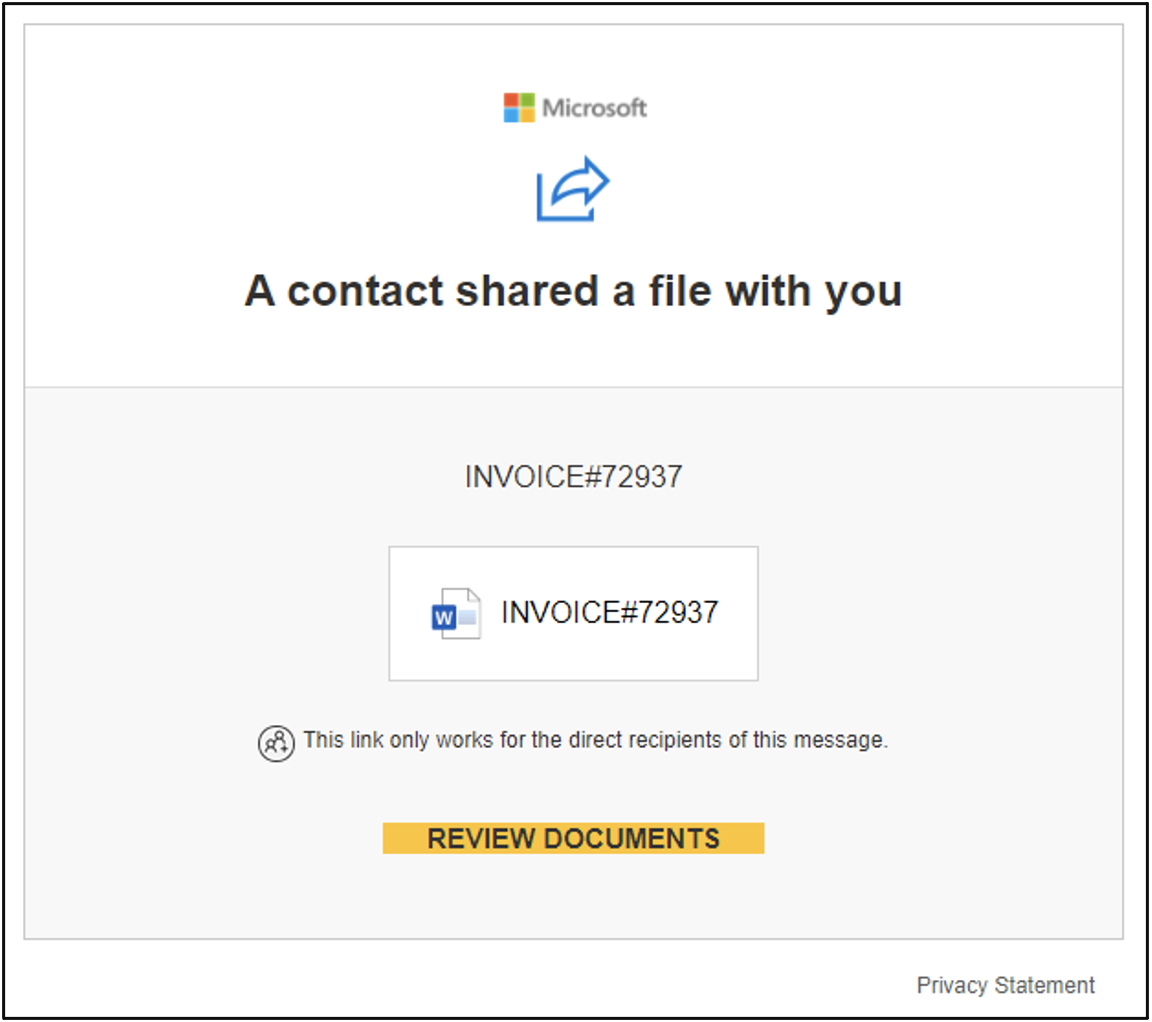 Default Microsoft file share Caffeine phishing email template