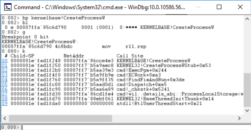 Call stack for CreateProcessW in cmd exe