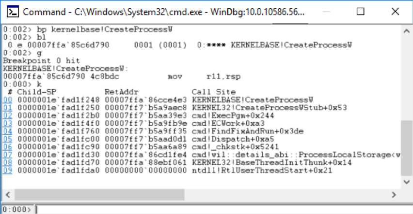 cmd exe での CreateProcessW のコール スタック