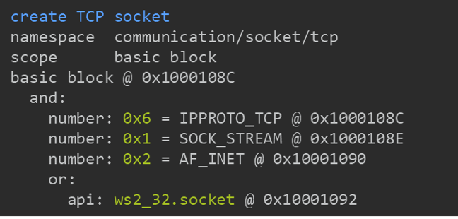 Feature match details for "create TCP socket" rule in example malware