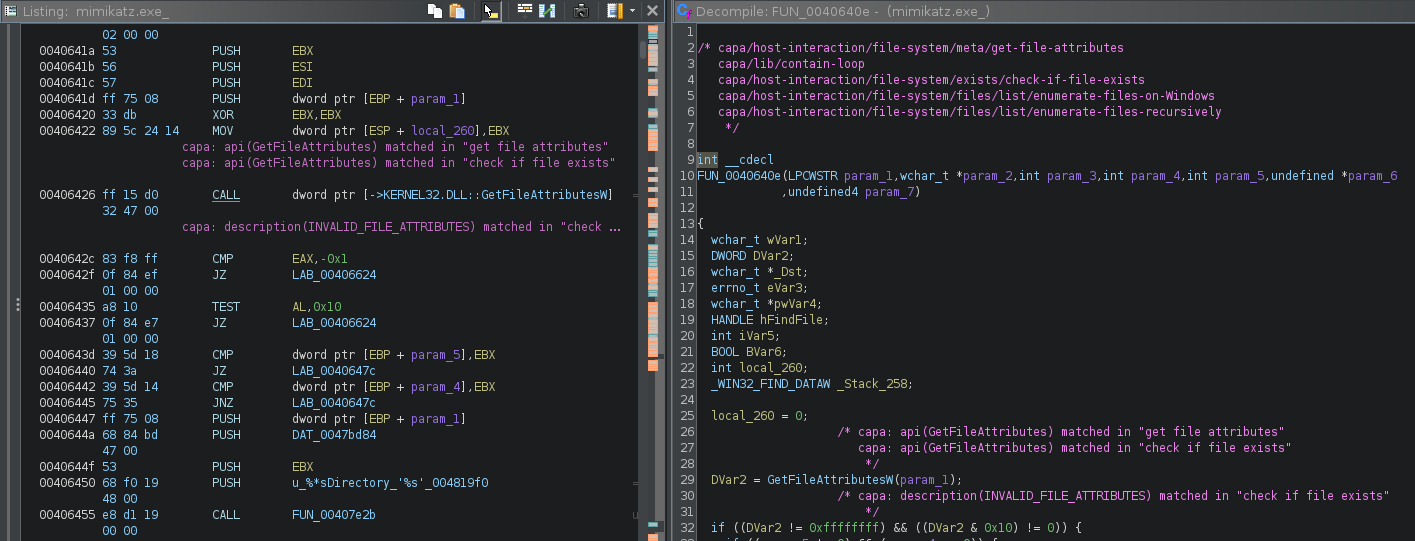 Comments in Ghidra’s Disassembly Listing and Decompile windows indicate matched capabilities and features