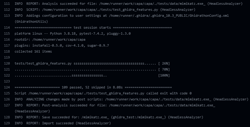 GitHub Action CI workflow output for capa Ghidra integration