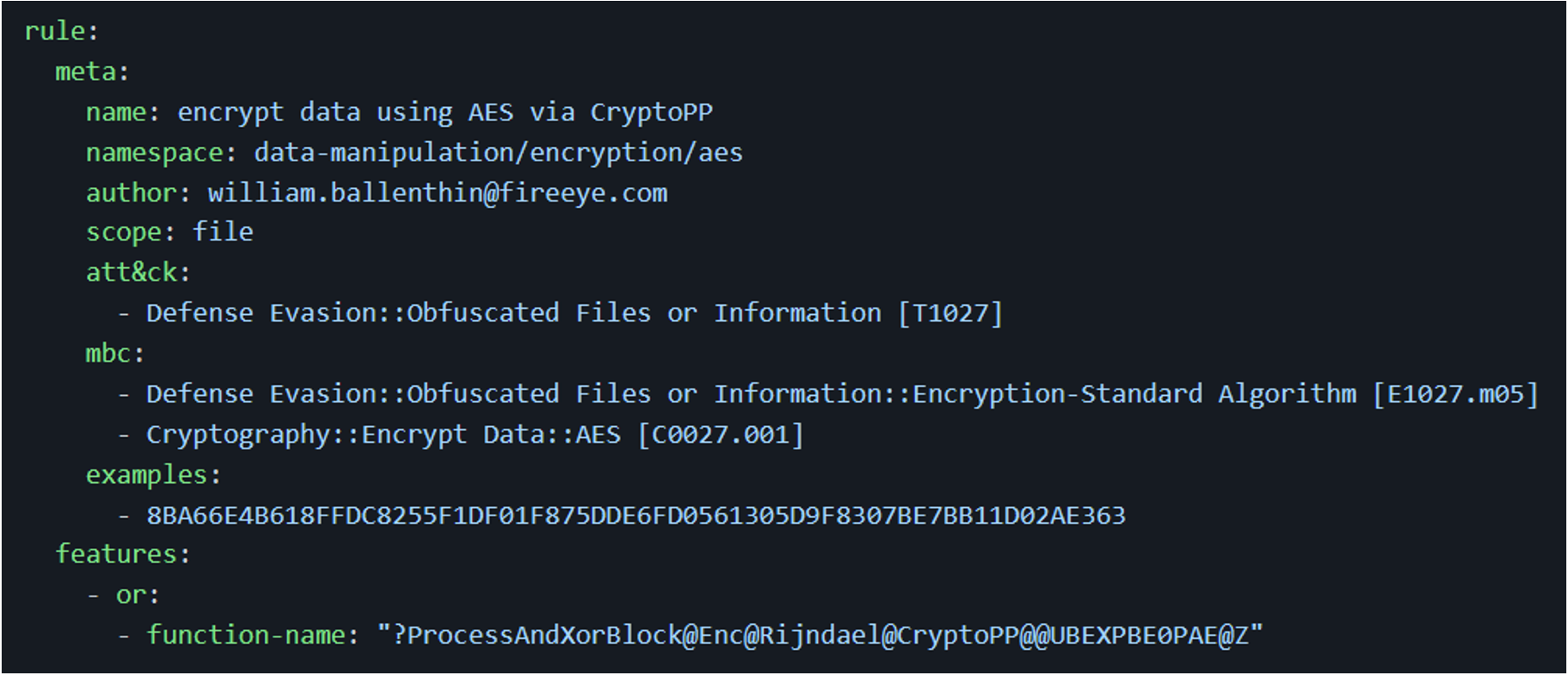 Example rule using function-name to recognize AES via Crypto++