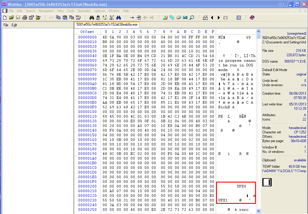 Client binary viewed in WinHex