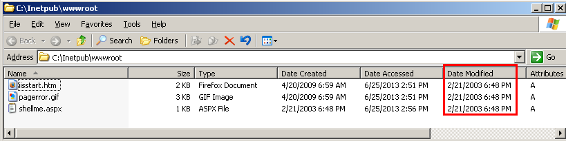 IIS directory showing time stamps after the time modification