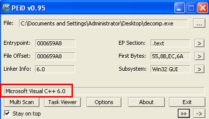 PEiD は、バイナリが Visual C++ 6.0 を使用して記述されたことを明らかにします。
