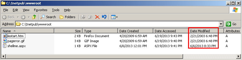 IIS directory showing time stamps prior to the time modification