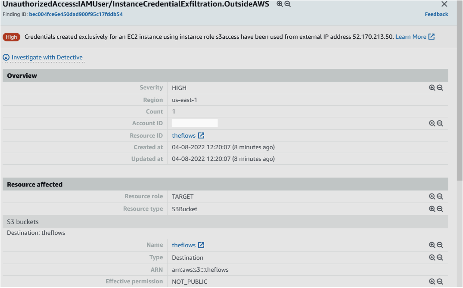 盗まれたメタデータ認証情報を使用した S3 からのデータ盗難を示す AWS GuardDuty イベント