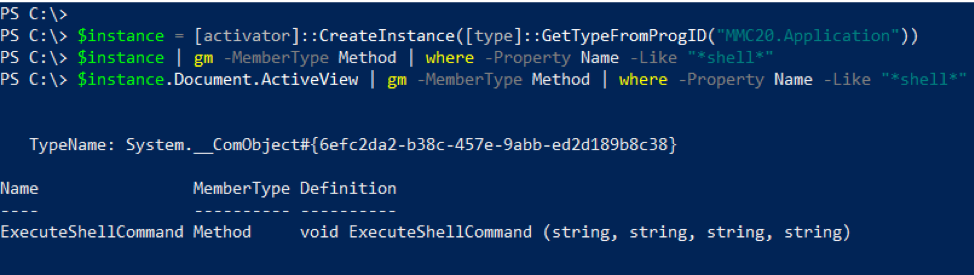 Listing ExecuteShellCommand method in MMC20.Application COM object