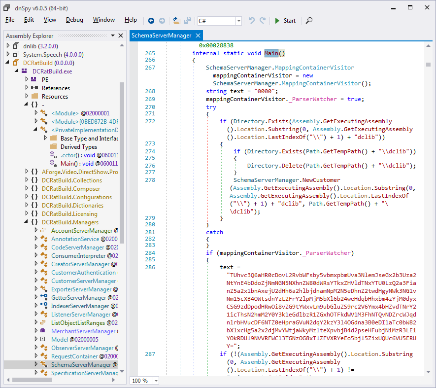 Deobfuscating dfsds.exe shows that the method begins with some path manipulation and then accesses Base64-encoded data