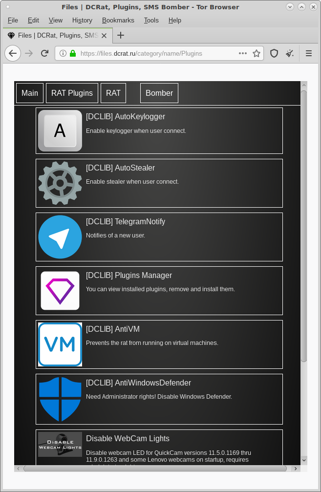 Additional plugins listed on the Dark Crystal RAT website