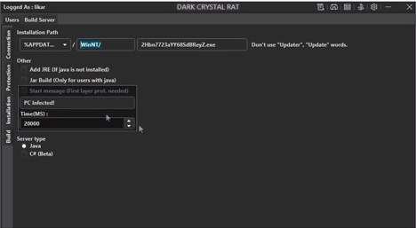 A YouTube demonstration revealed that Dark Crystal RAT previously existed in a Java version, and the C# version we analyzed is in beta